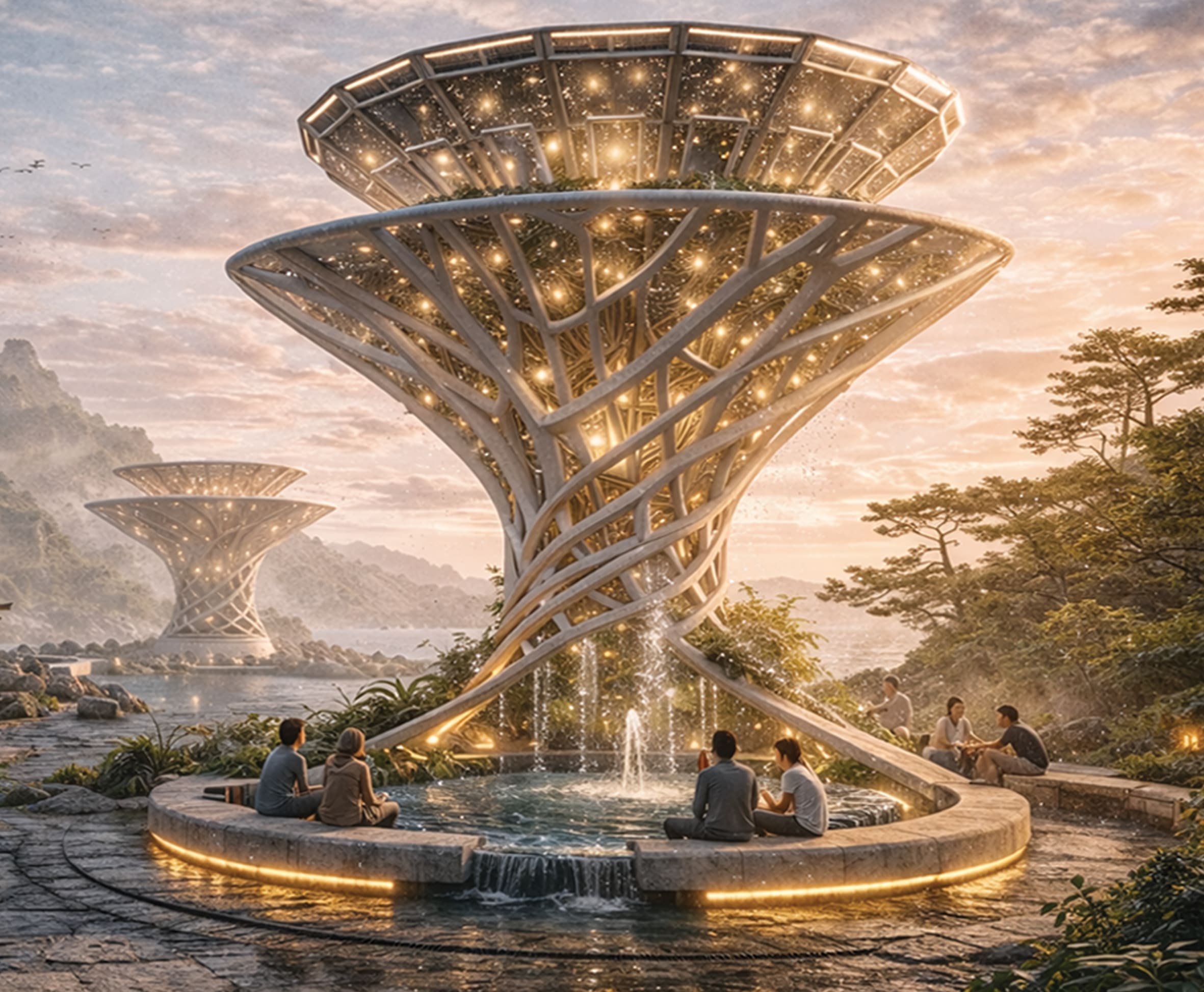 Aero Shell render: the lattice tower over its fountain pool at sunset